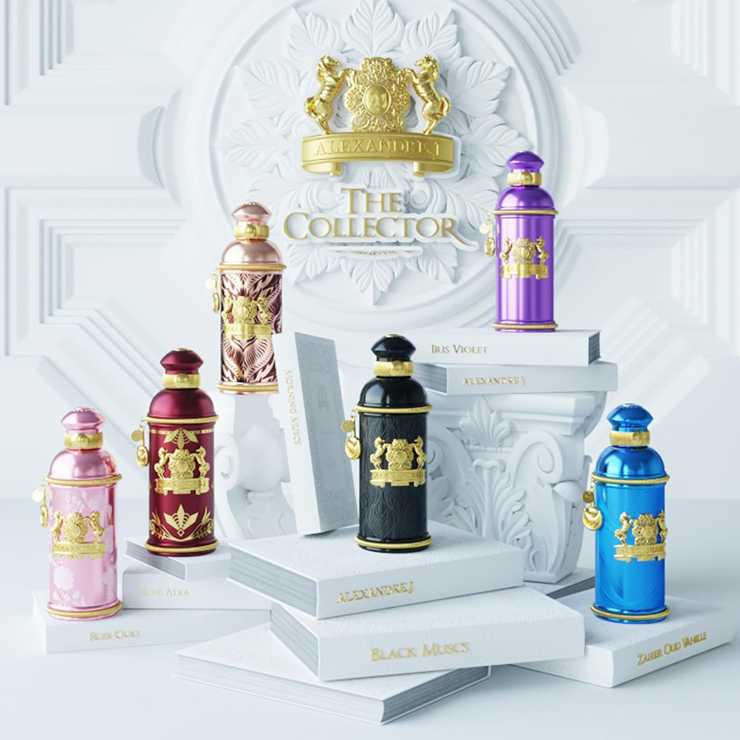 Collectie van Alexandre.J The Collector Eau de Parfum flacons in verschillende kleuren.