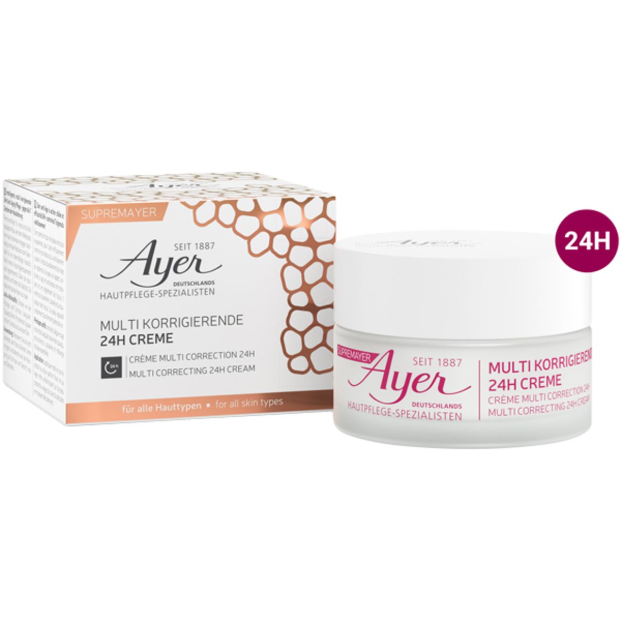 Pot de crème et boîte. Inscription : Ayer, Crème Multi Correctrice 24h. Pour tous types de peau. Symbole 24H.