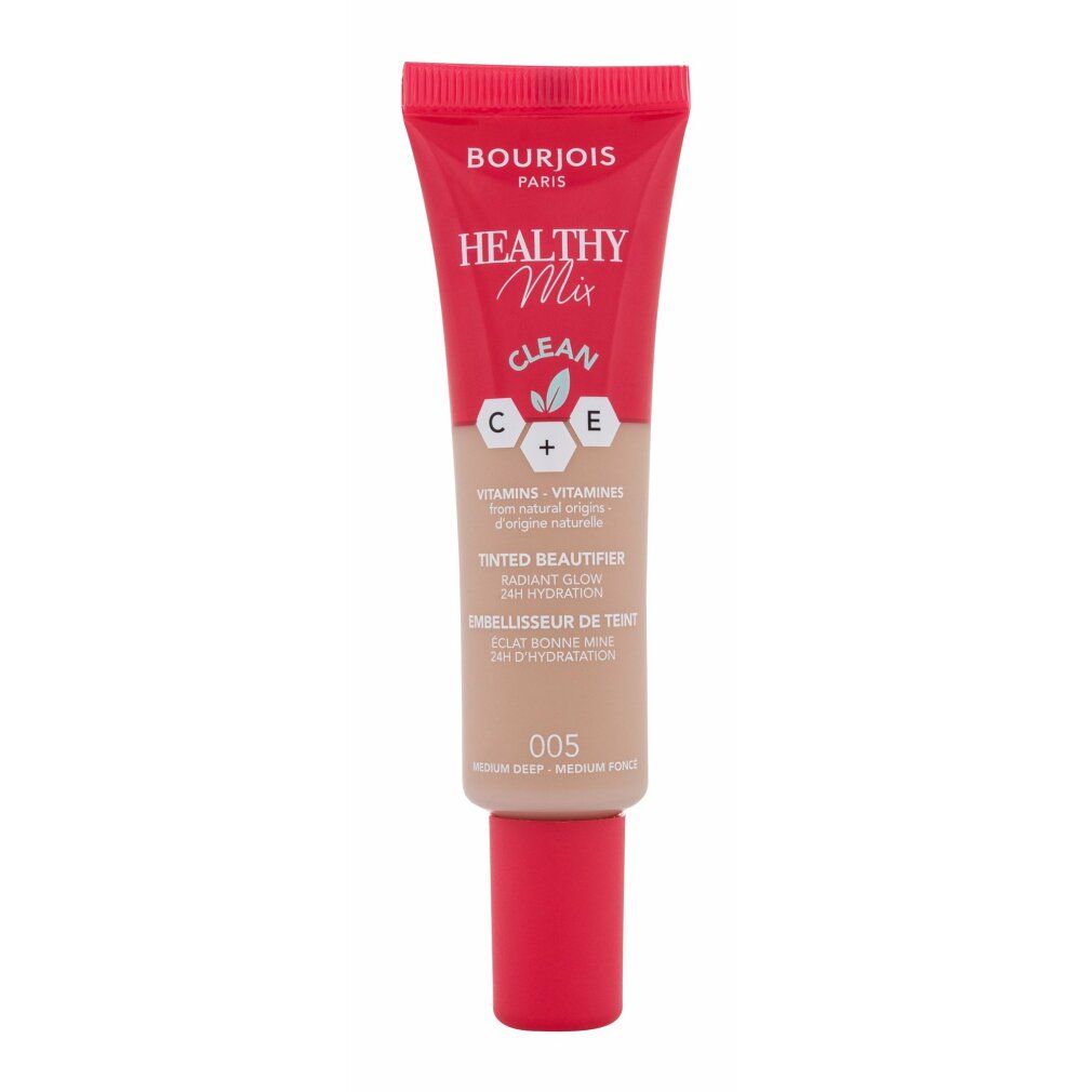 Tube Bourjois Healthy Mix Beautifier, bouchon rouge. Inscription: Healthy Mix Clean. Teinte 005.