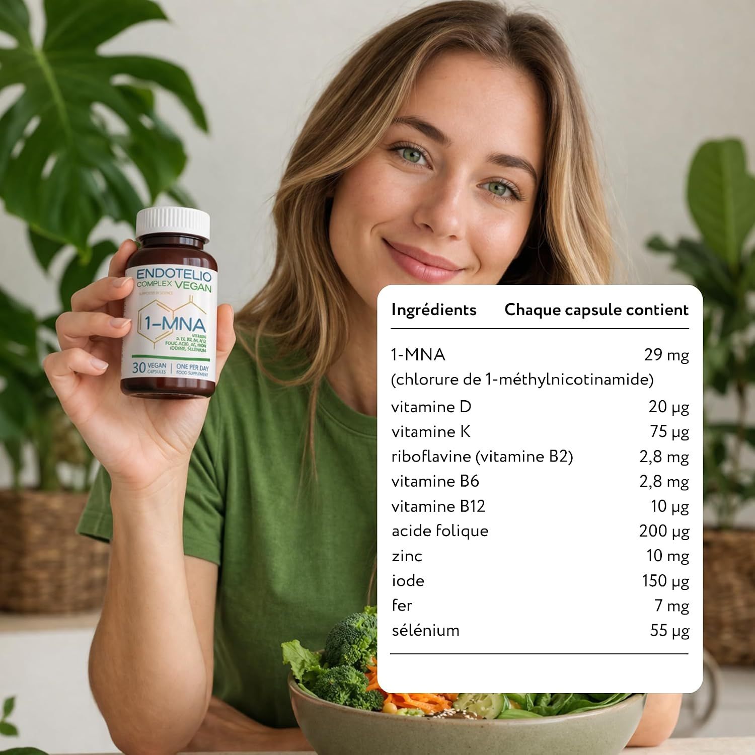 Femme tenant une bouteille de supplément et un tableau nutritionnel.
