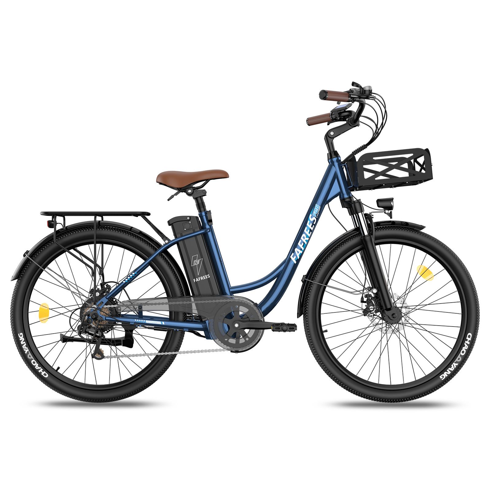 Blauwe e-bike met bruin zadel, bagagerek en mand. Merk FAFREES.