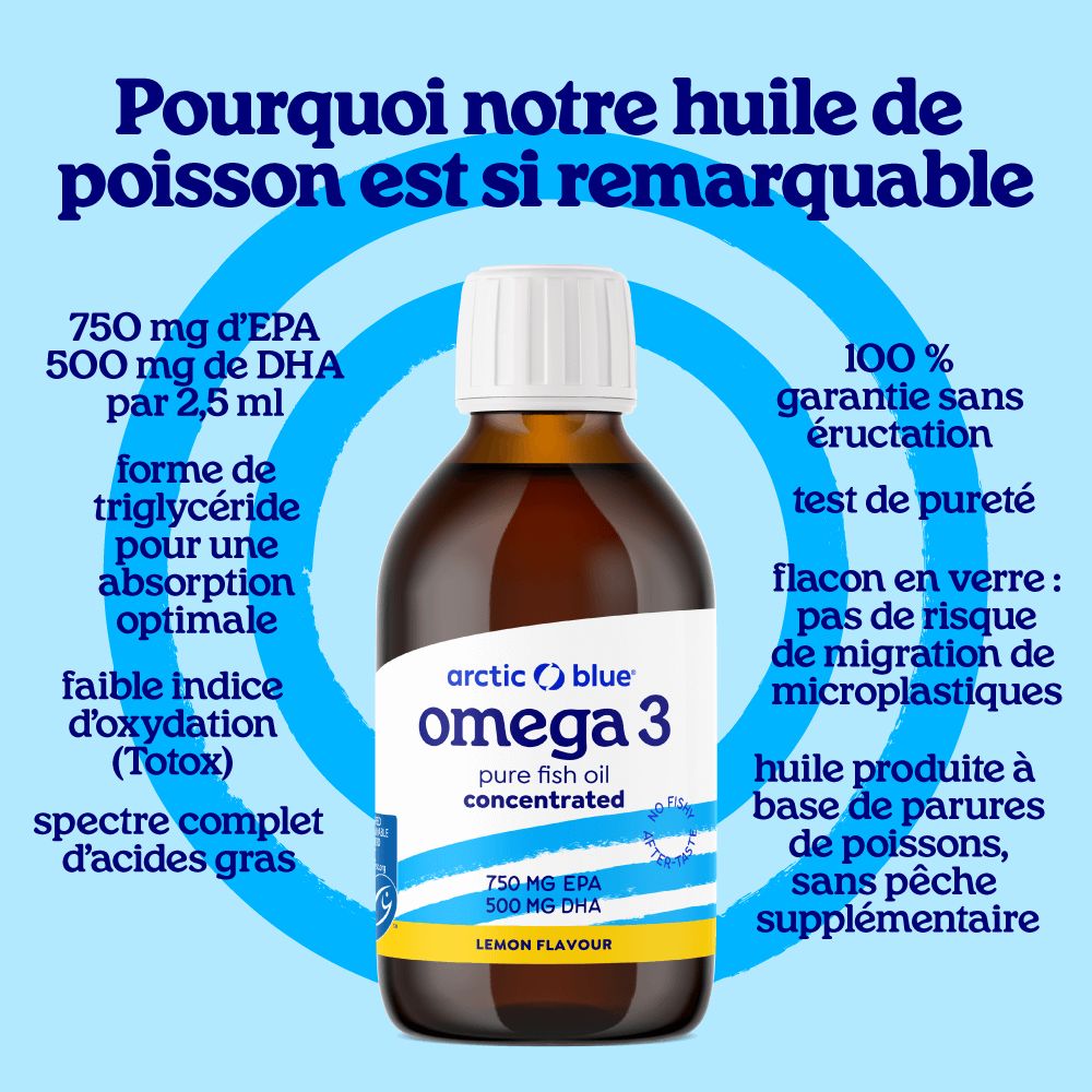 Pourquoi notre huile de poisson est remarquable : triglycérides, pureté, flacon verre.
