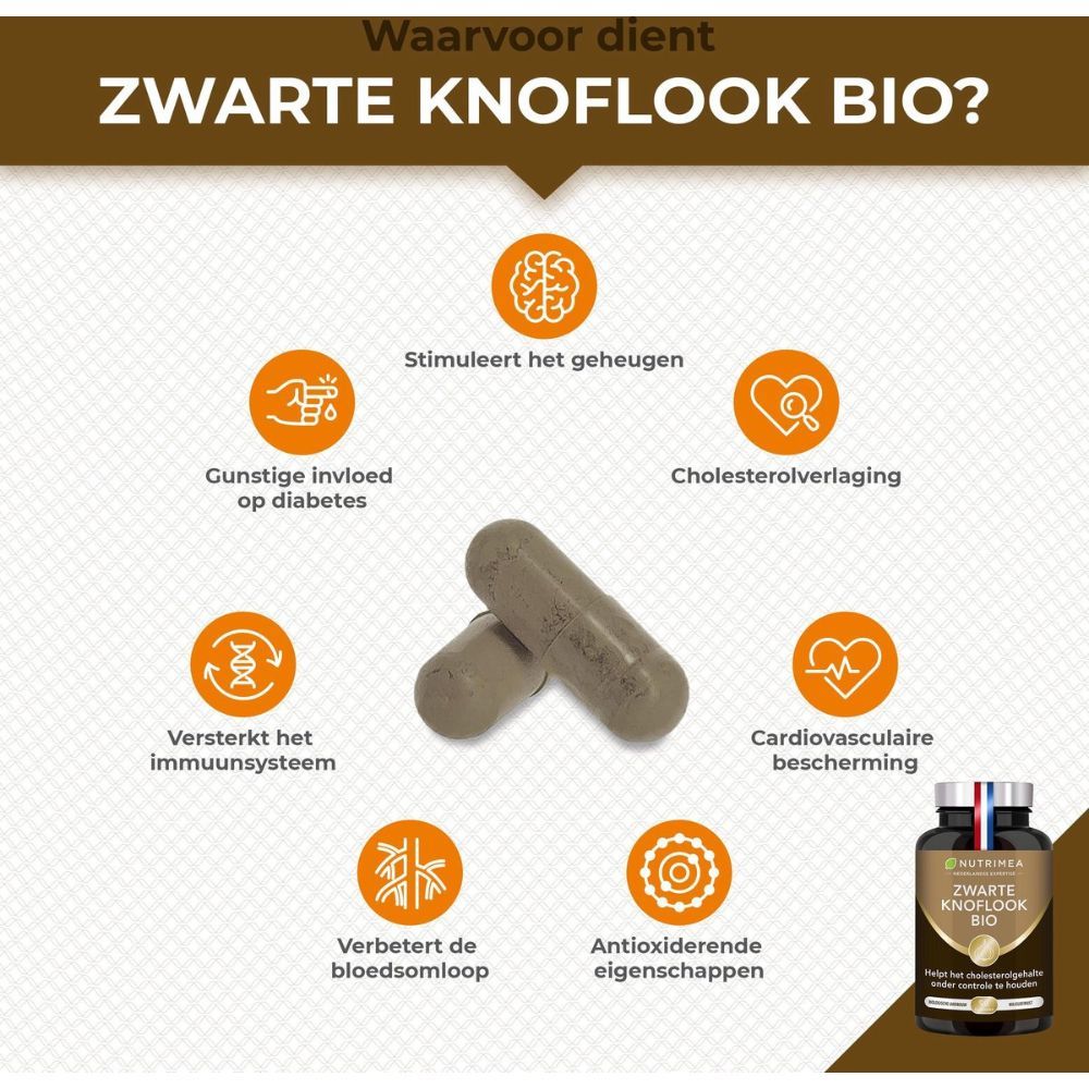 Twee capsules naast grafieken. Tekst: Stimuleert het geheugen, verlaagt cholesterol, versterkt het immuunsysteem.