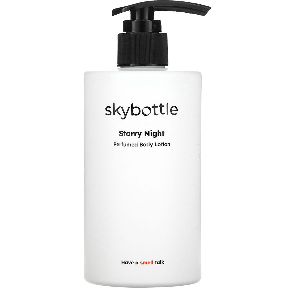 Witte fles met zwarte pomp. Opschrift: skybottle, Starry Night, Perfumed Body Lotion. Onder: Have a smell talk.