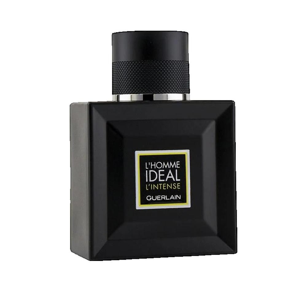 Flacon noir avec bouchon noir. Inscription : L'Homme Ideal L'Intense, Guerlain. Forme carrée avec étiquette dorée.