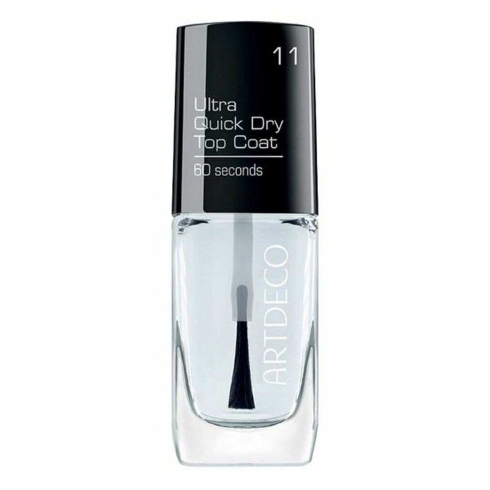 Transparante nagellakfles met zwarte dop. Opschrift: Ultra Quick Dry Top Coat, 60 seconds. Merk: ARTDECO.