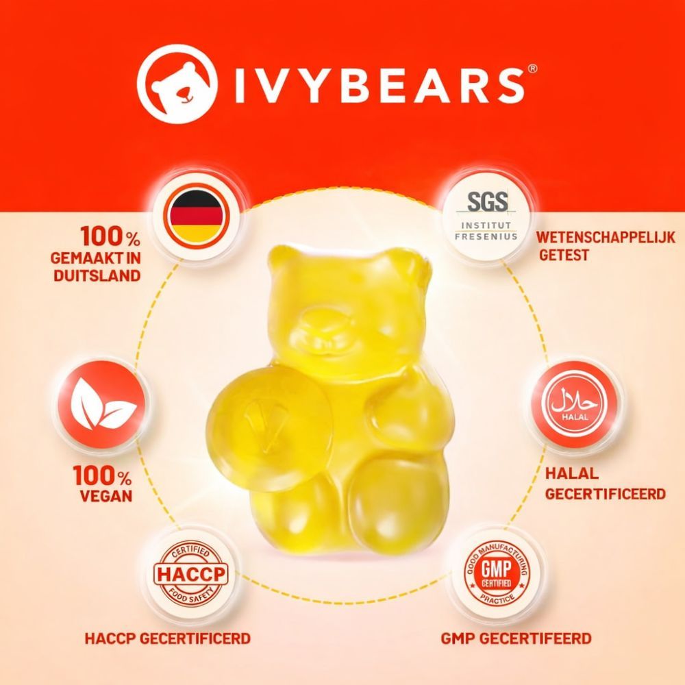 Gele gummybeer met certificeringen. Tekst: 100% Made in Germany, Vegan, Halal, GMP.