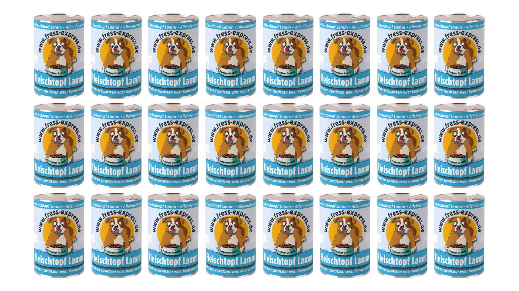 Rij hondenvoerblikken Fleischtopf Lamm. Elk blik toont een afbeelding van een hond en productinformatie. Meerdere blikken zijn naast elkaar geplaatst.