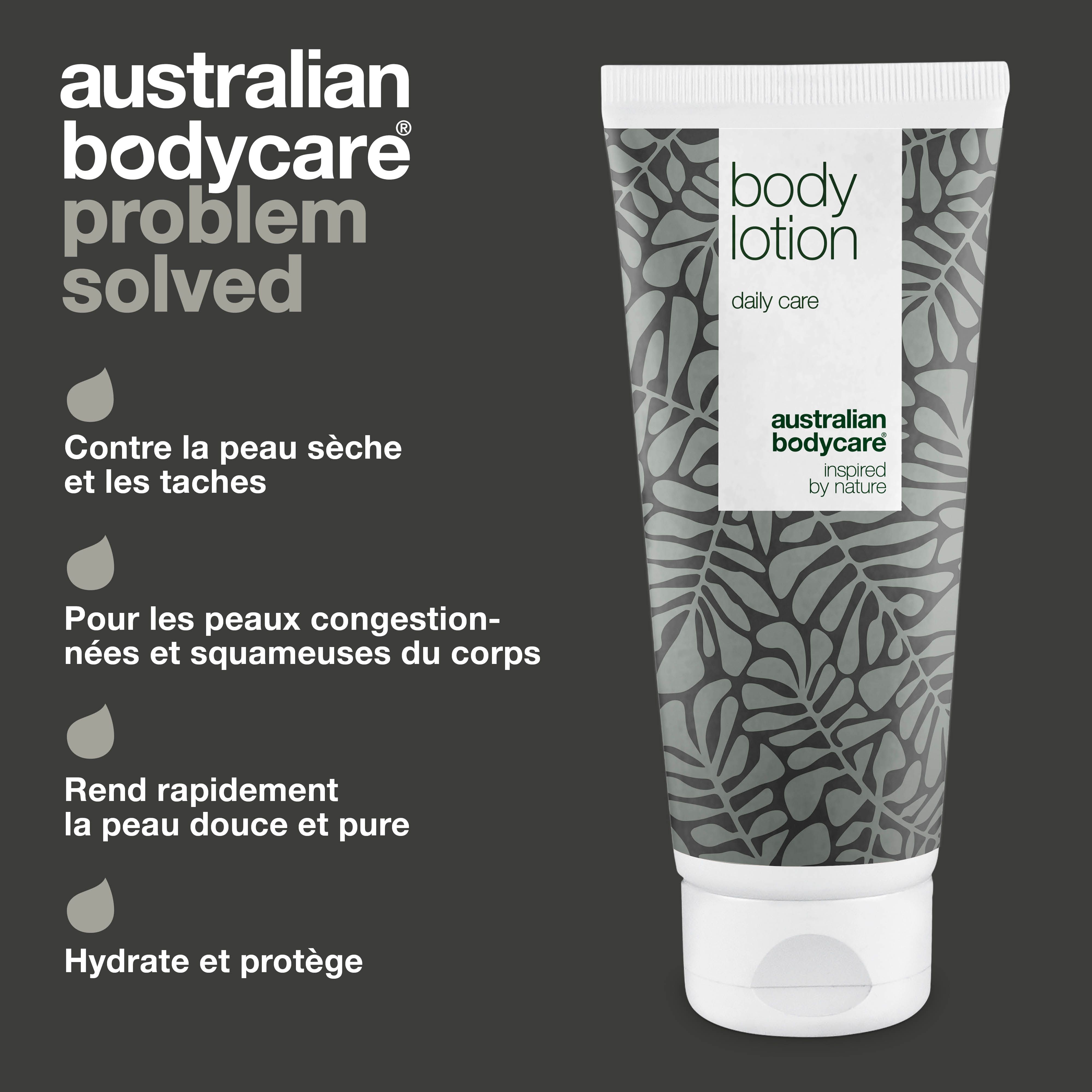 Tube : Body Lotion, daily care. Logo : Australian Bodycare. Texte : Problem solved.