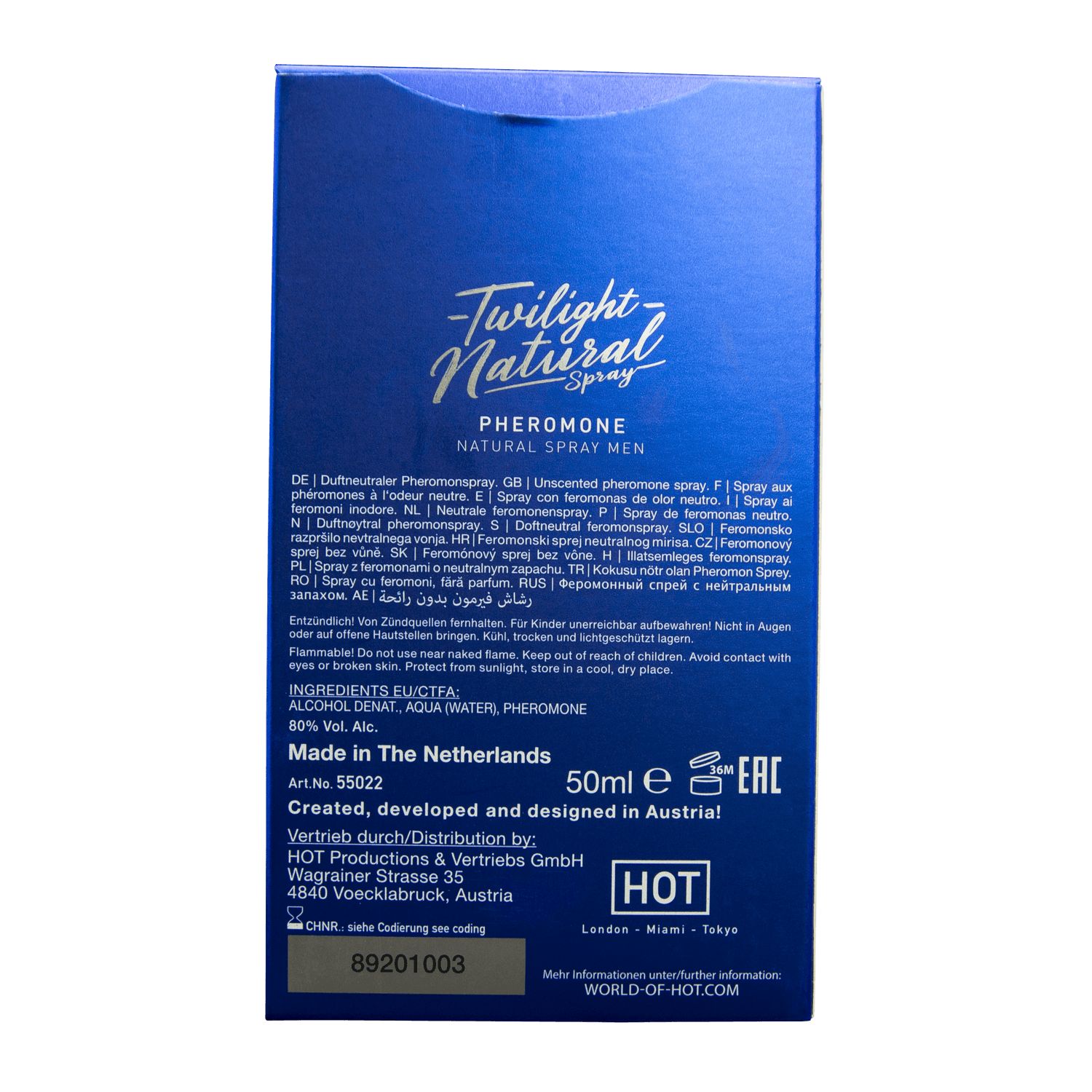 Achterkant van de verpakking van Twilight Natural Spray voor mannen, met productinformatie en ingrediënten.