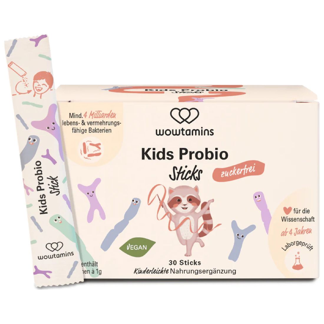Verpakking WOWTAMINS Kids Probio Sticks. Tekst: Kids Probio Sticks, suikervrij, 30 sticks, gemakkelijk voedingssupplement. Illustraties.
