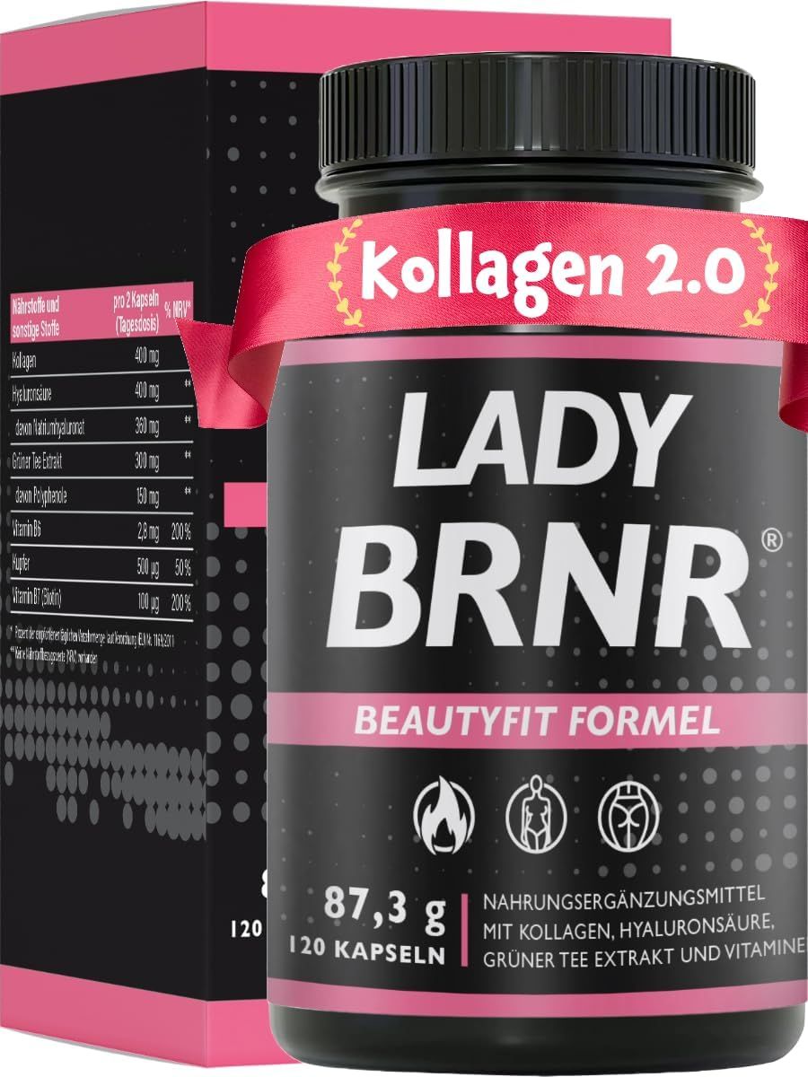 Flacon noir, étiquette rose. Texte: LADY BRNR, BEAUTYFIT FORMEL, 120 gélules. Texte: Collagène 2.0. Ruban rose.
