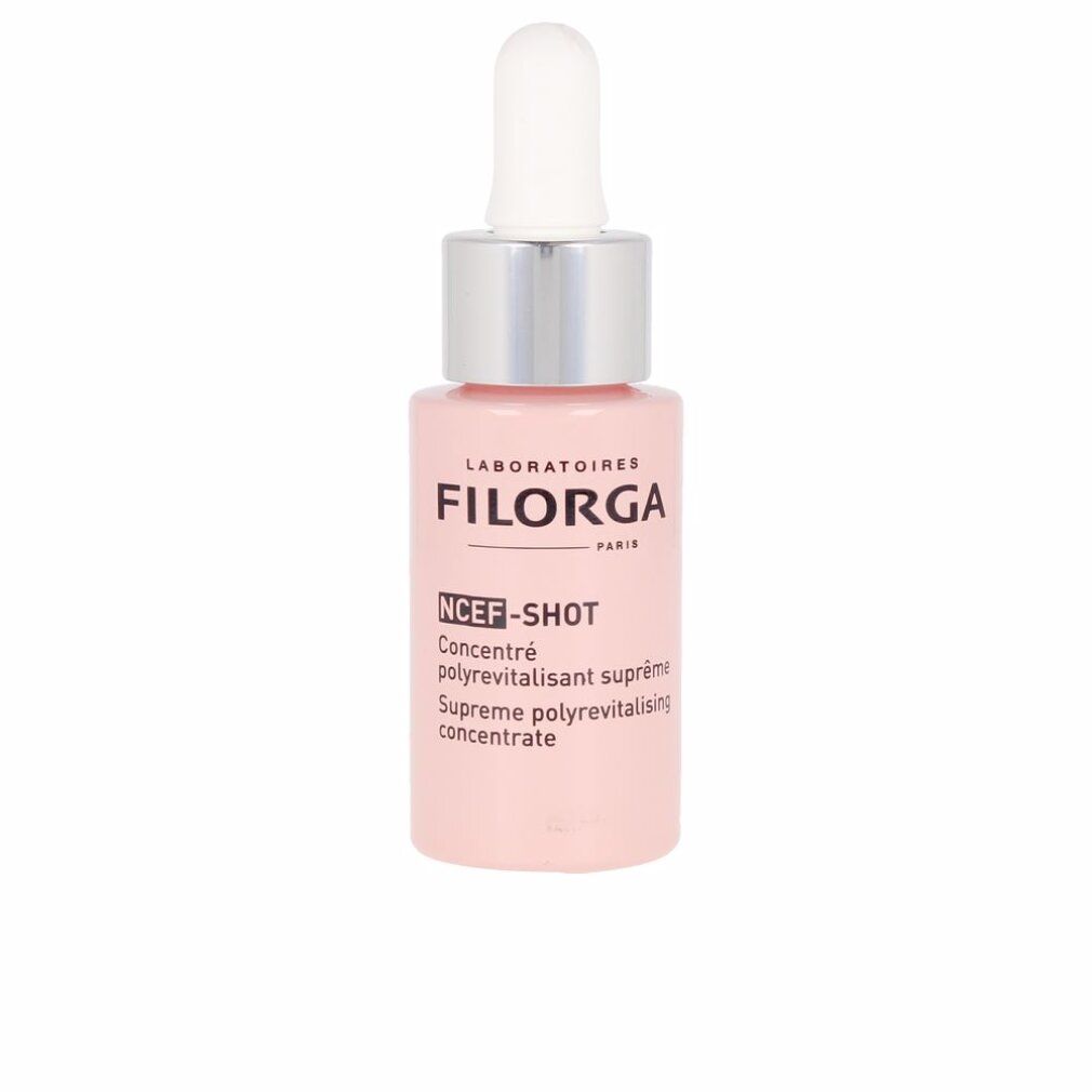 Flacon rose avec compte-gouttes blanc. Inscription: FILORGA PARIS, NCEF-SHOT, Concentré polyrevitalisant suprême.