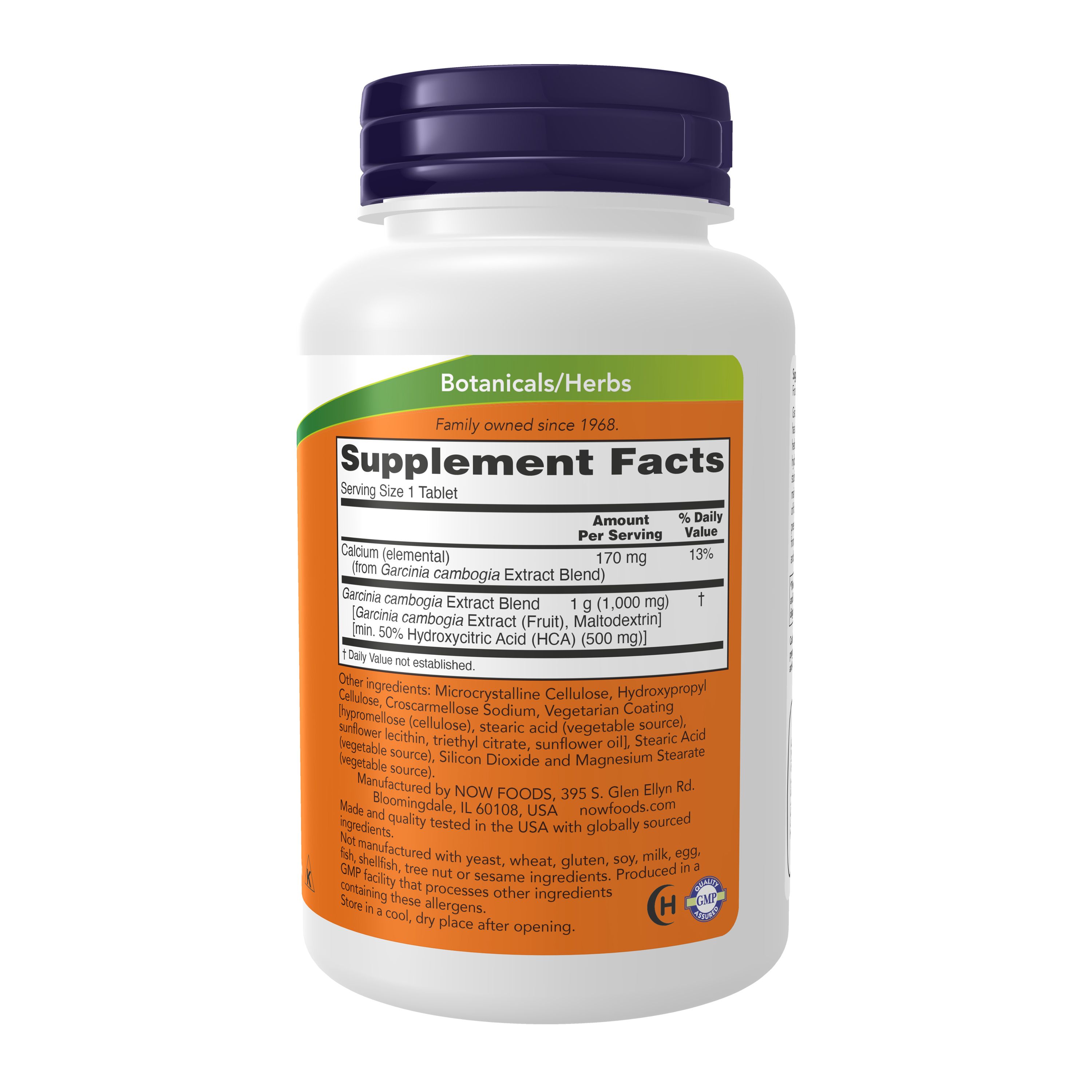 Bouteille de supplément, dos étiqueté avec informations nutritionnelles et ingrédients.