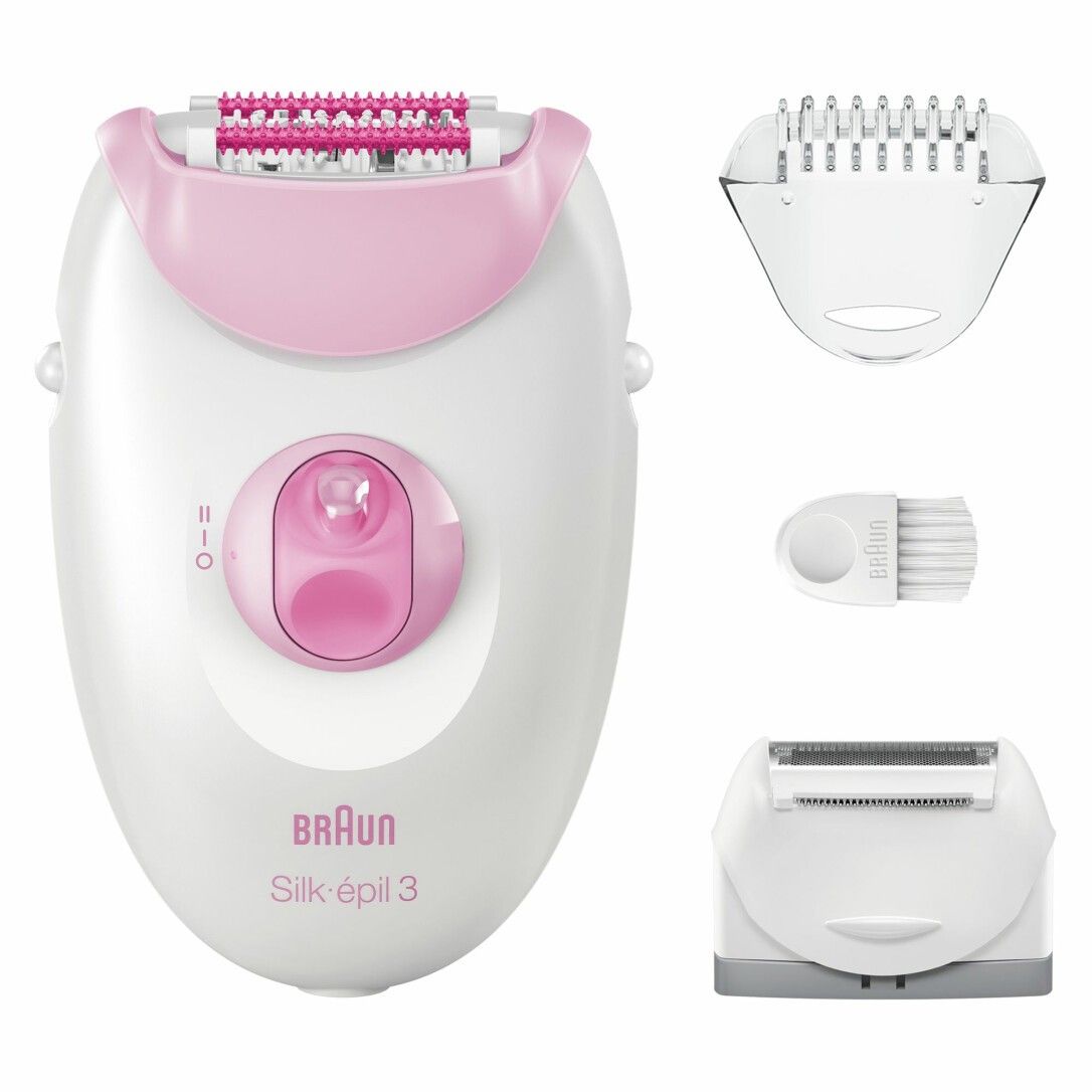 Braun Silk-épil 3 epilator met accessoires: scheerkop, trimmer en reinigingsborstel.