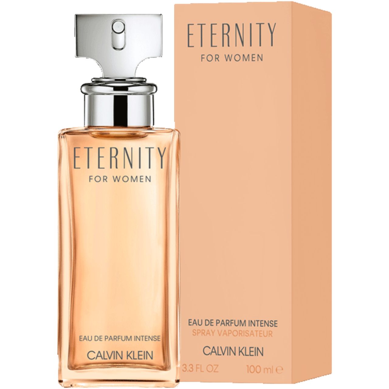 Flacon et emballage. Flacon : Eternity for Women, Eau de Parfum Intense, Calvin Klein. Emballage : Beige, rectangulaire.