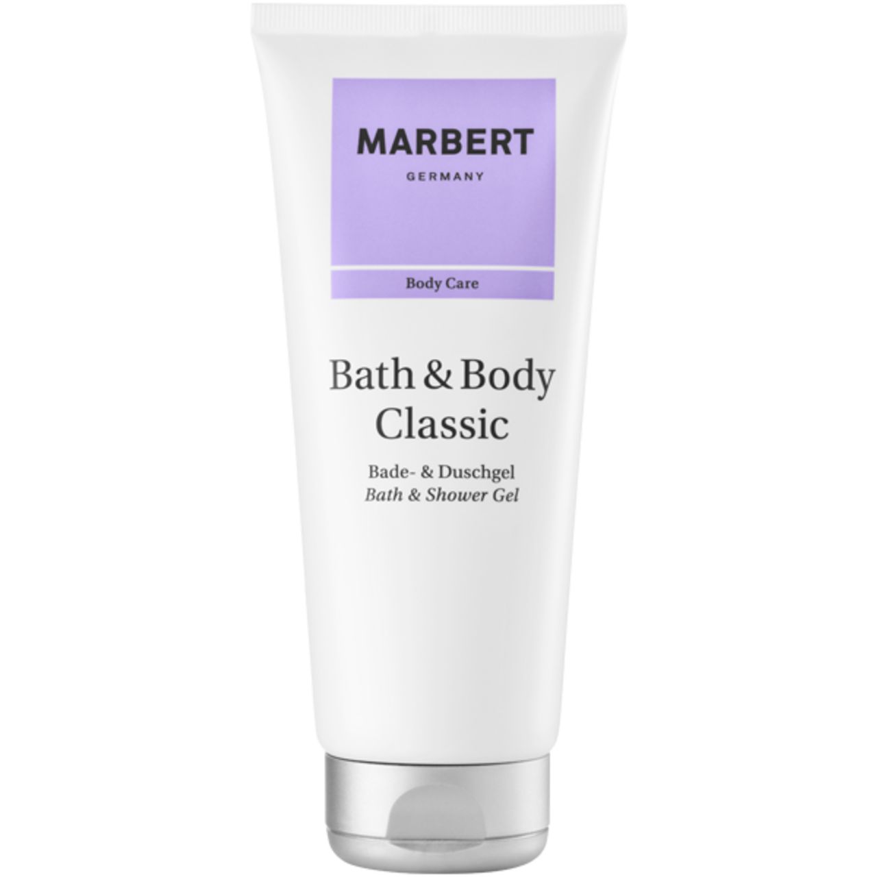 Witte tube met paars etiket. Opschrift: MARBERT, Body Care, Bath & Body Classic, Bade- & Duschgel, Bath & Shower Gel.
