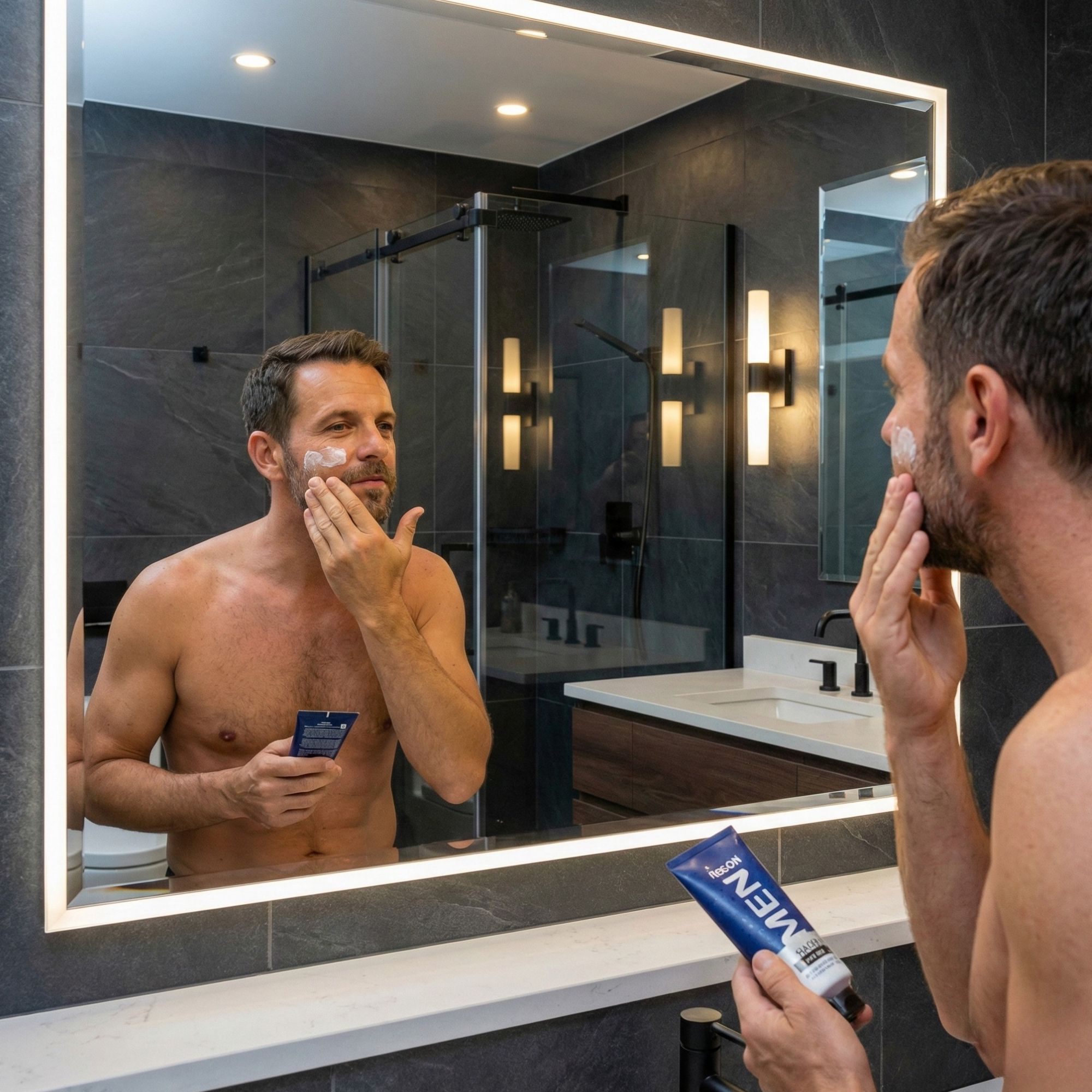 Homme dans salle de bain devant miroir. Applique crème. Tient tube bleu avec inscription: Melem Men.