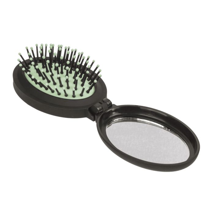 Miroir de poche ovale noir avec brosse à cheveux. Miroir et brosse ouverts. Brosse avec poils verts.