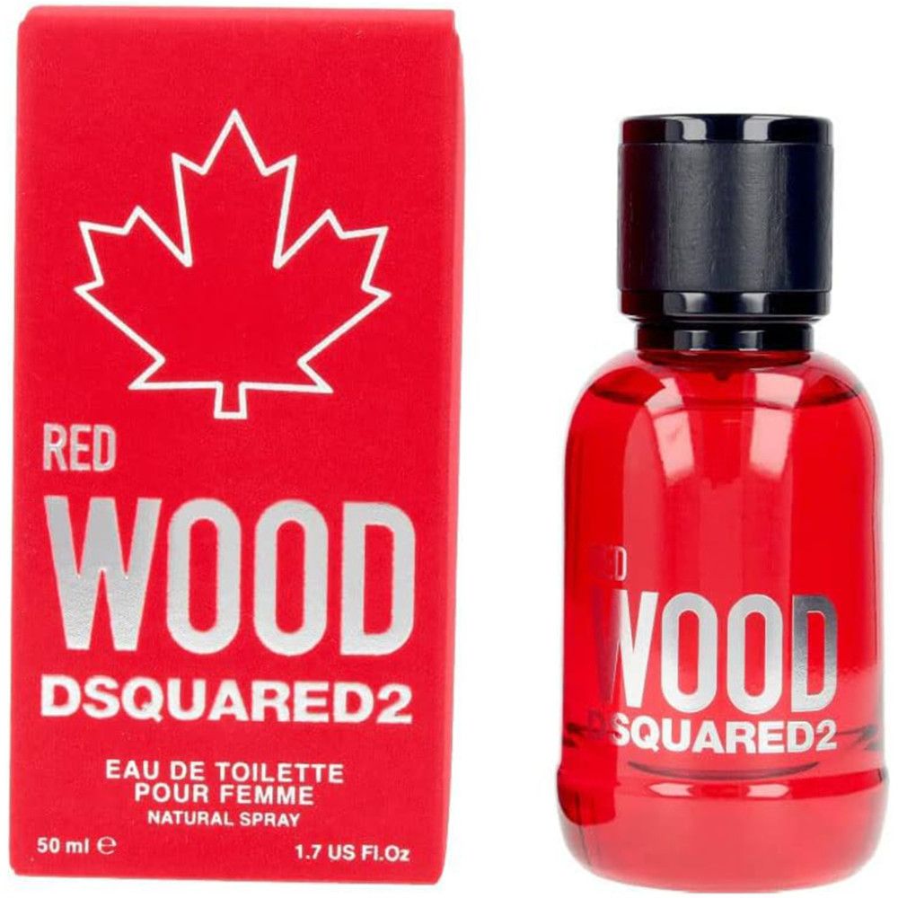 Flacon et boîte rouges. Inscription: Red Wood, Dsquared2. Flacon avec bouchon noir. Boîte avec logo feuille d'érable.