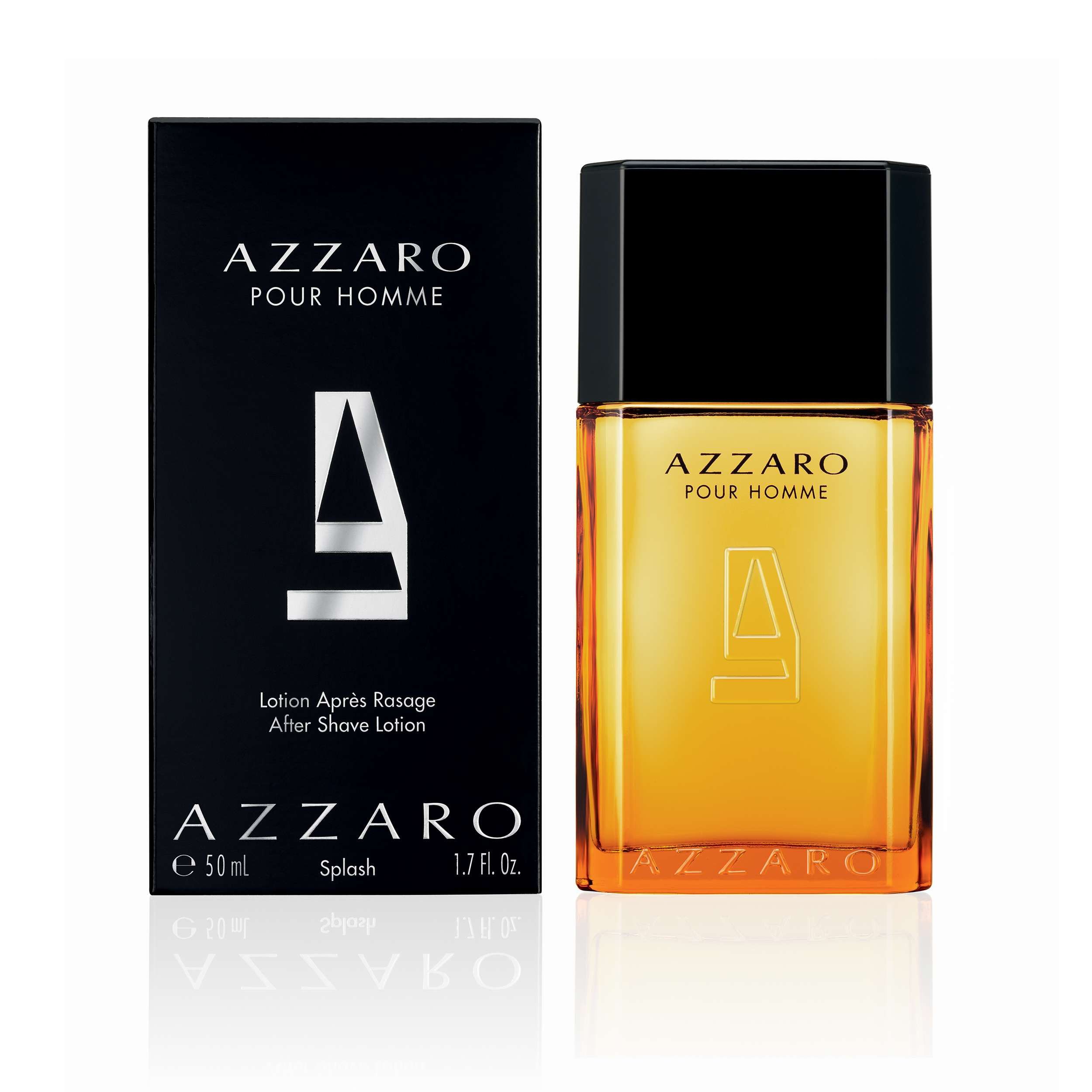 Lotion après-rasage Azzaro Pour Homme 50ml, flacon à capuchon noir, liquide orangé. Boîte assortie à côté.