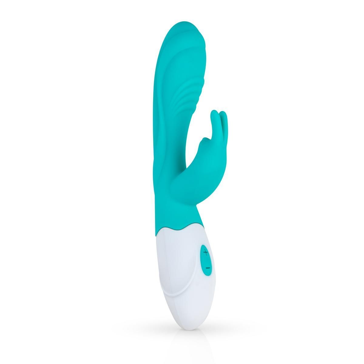 Turquoise vibrator met witte handgreep. Zijaanzicht. Met knop.