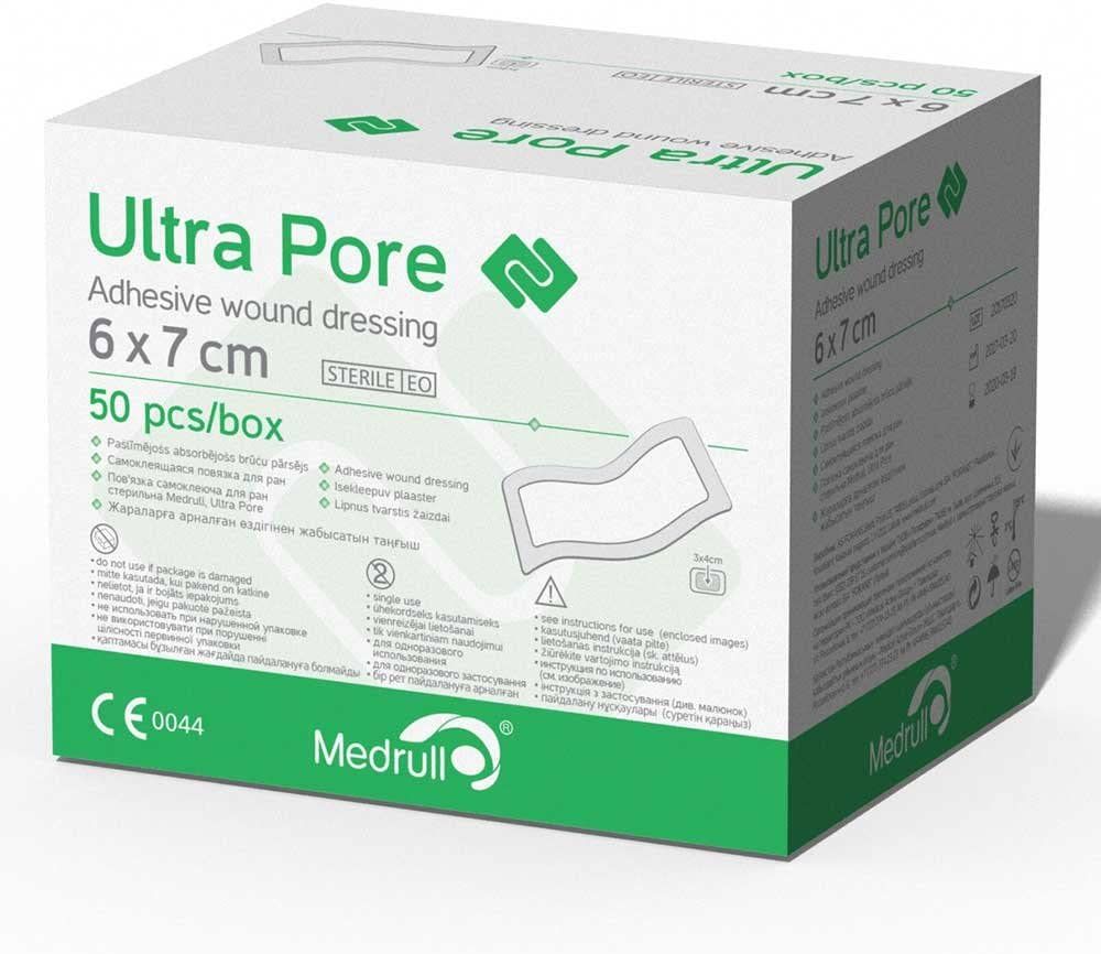 Boîte de pansements adhésifs Ultra Pore 6x7 cm, 50 pièces. Stérile EO. Logo Medrull et marquage CE.