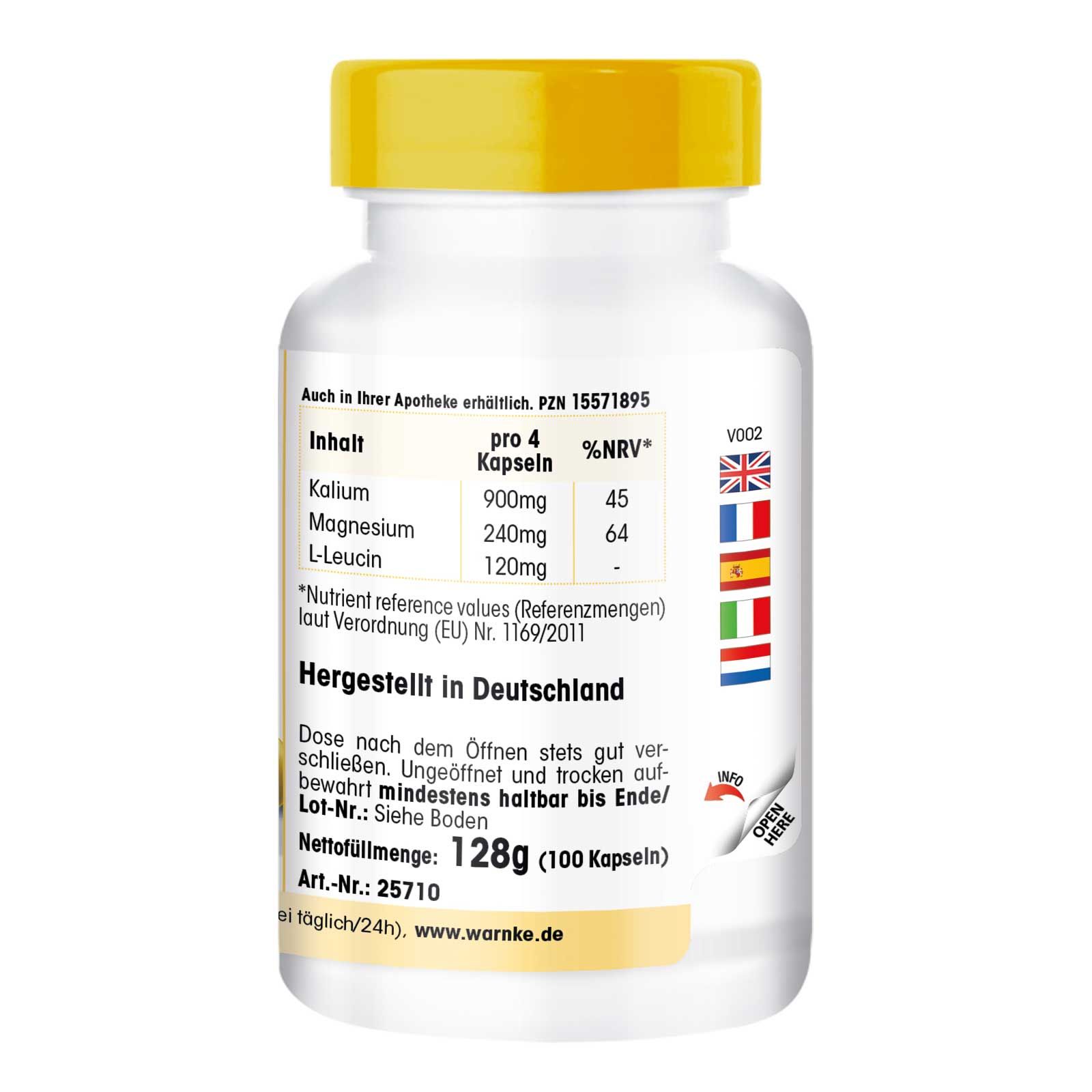 Achterkant van de witte capsulefles met gele dop. Tekst: Inhoud per 4 capsules, magnesium, L-Leucine. Geproduceerd in Duitsland. Netto gewicht: 128g (100 capsules).