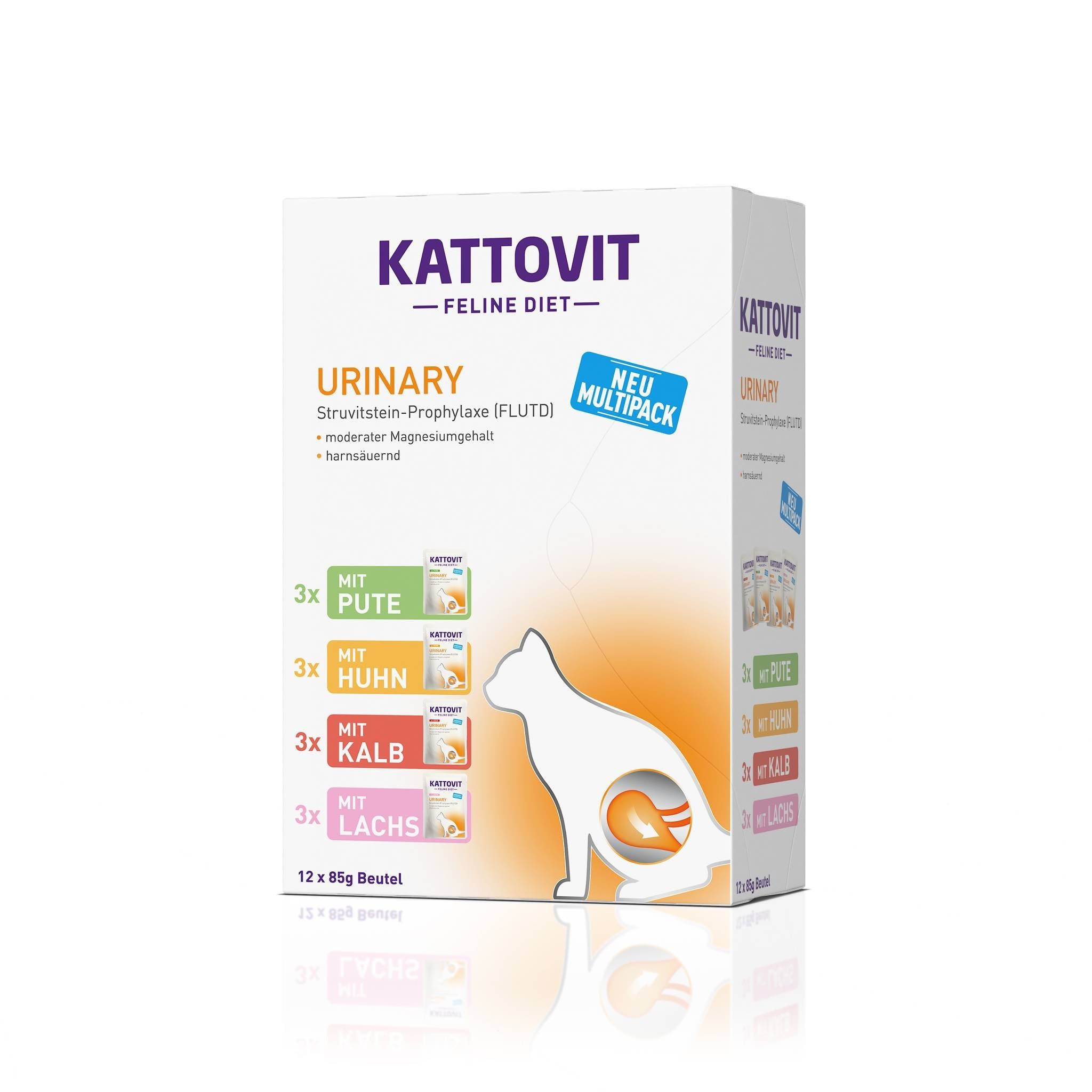 KATTOVIT Urinary Multibox. Opschriften: 3x kalkoen, 3x kip, 3x kalf, 3x zalm. 12x85g zakjes. "NEU MULTIPACK". Kat-silhouet.