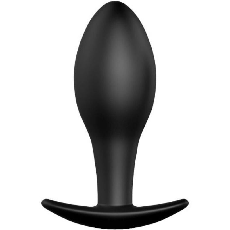 Zwarte siliconen anale plug, schuin van achteren.