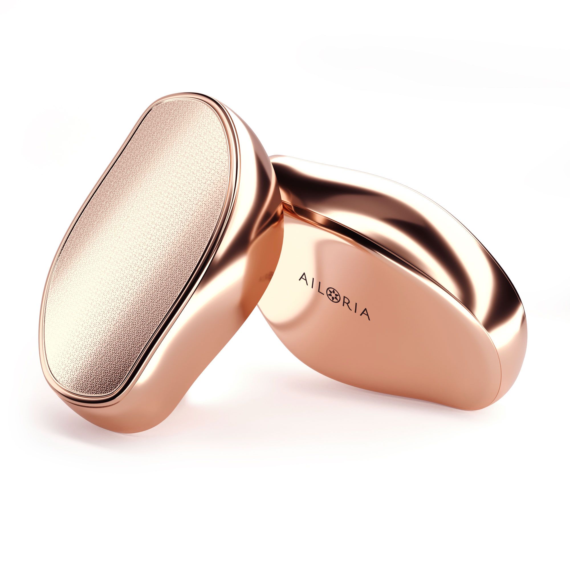 Twee roségouden voetverzorgingsapparaten. Ovale vorm, één met een gestructureerd oppervlak. AILORIA-logo zichtbaar.