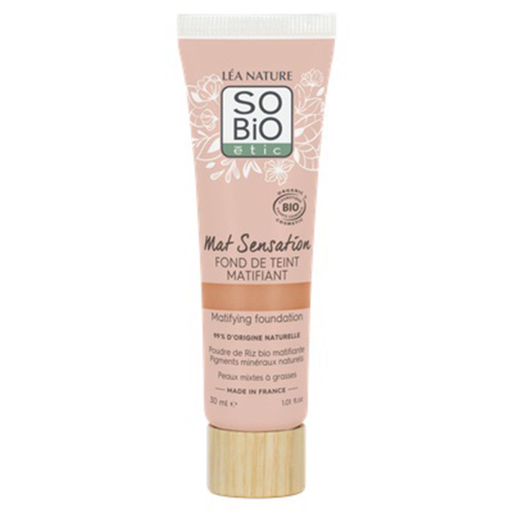Roze tube SO'BiO étic, Mat Sensation. Matterende foundation. Houten dop. 30 ml.