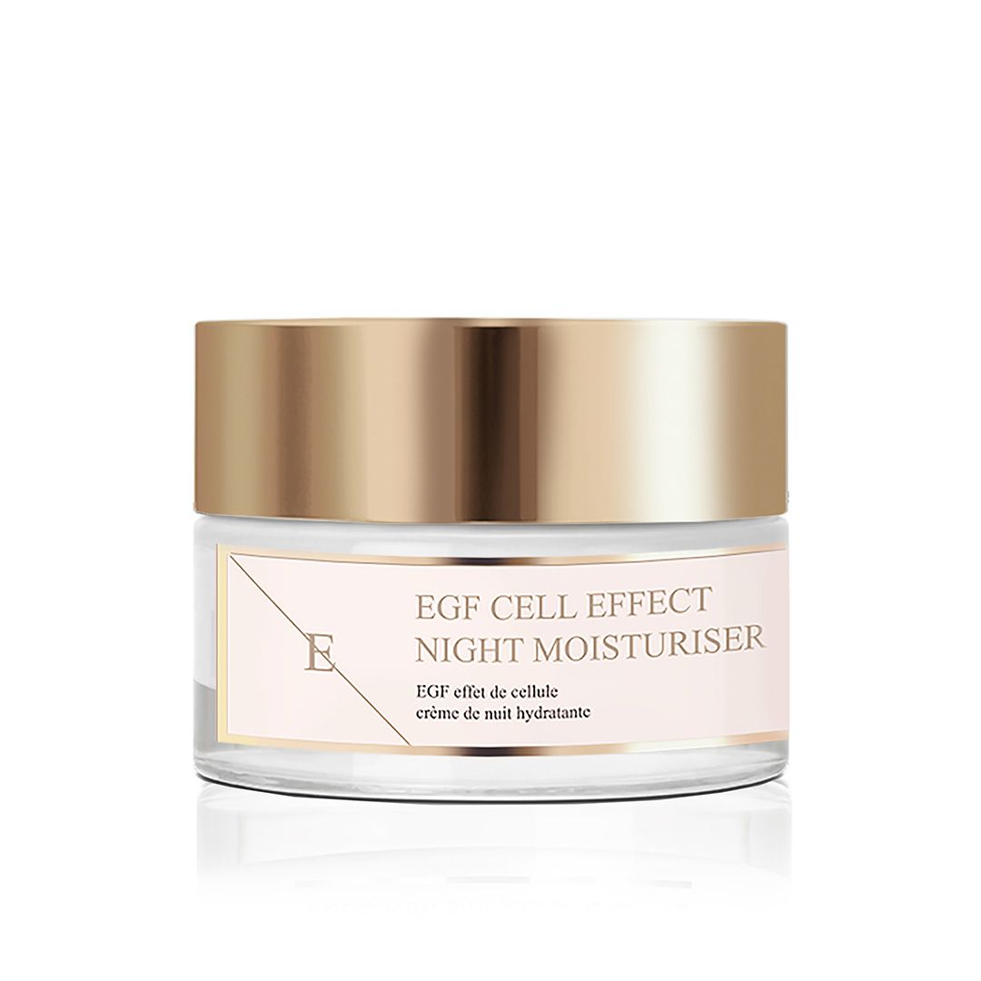 Crème de nuit hydratante EGF Cell Effect dans un pot en verre avec un couvercle doré.
