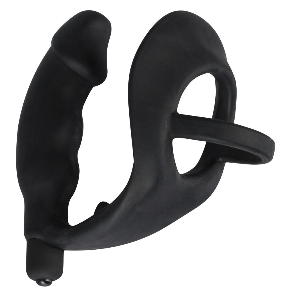 Anneau pénien vibrant noir avec plug et deux picots. Forme ergonomique.