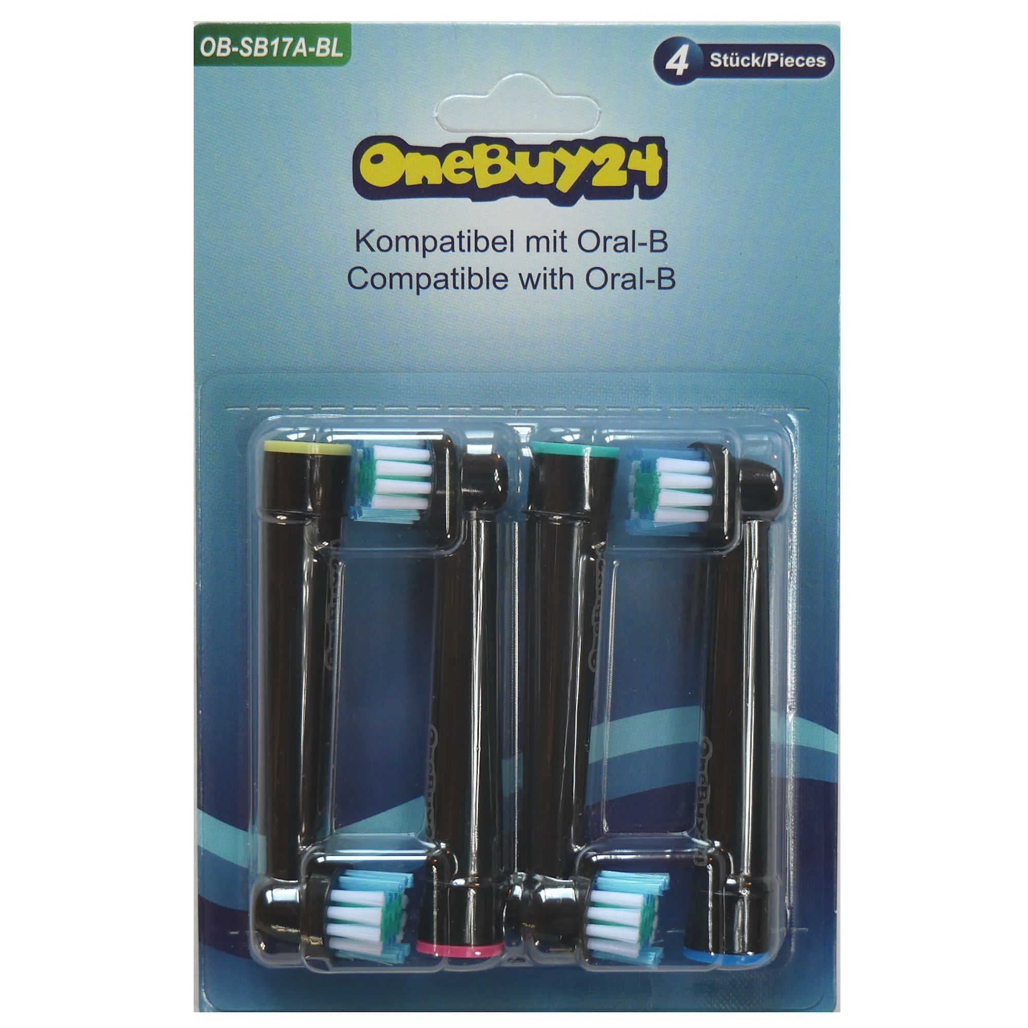 Verpakking met vier opzetborstels. OneBuy24 logo. Compatibel met Oral-B.