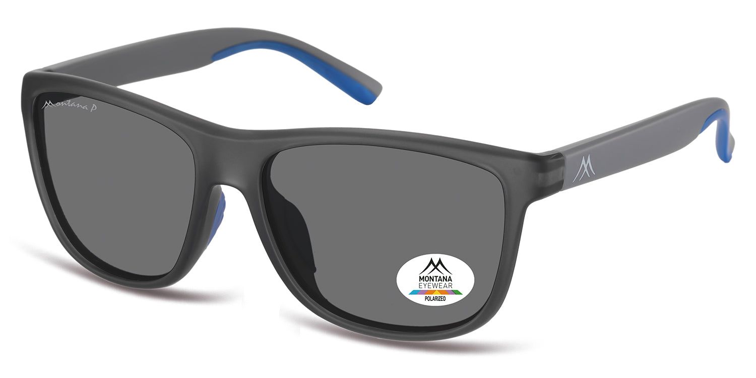 Lunettes de soleil grises avec verres rectangulaires. Accents bleus sur les extrémités des branches. Logo Montana Eyewear. Polarisées.