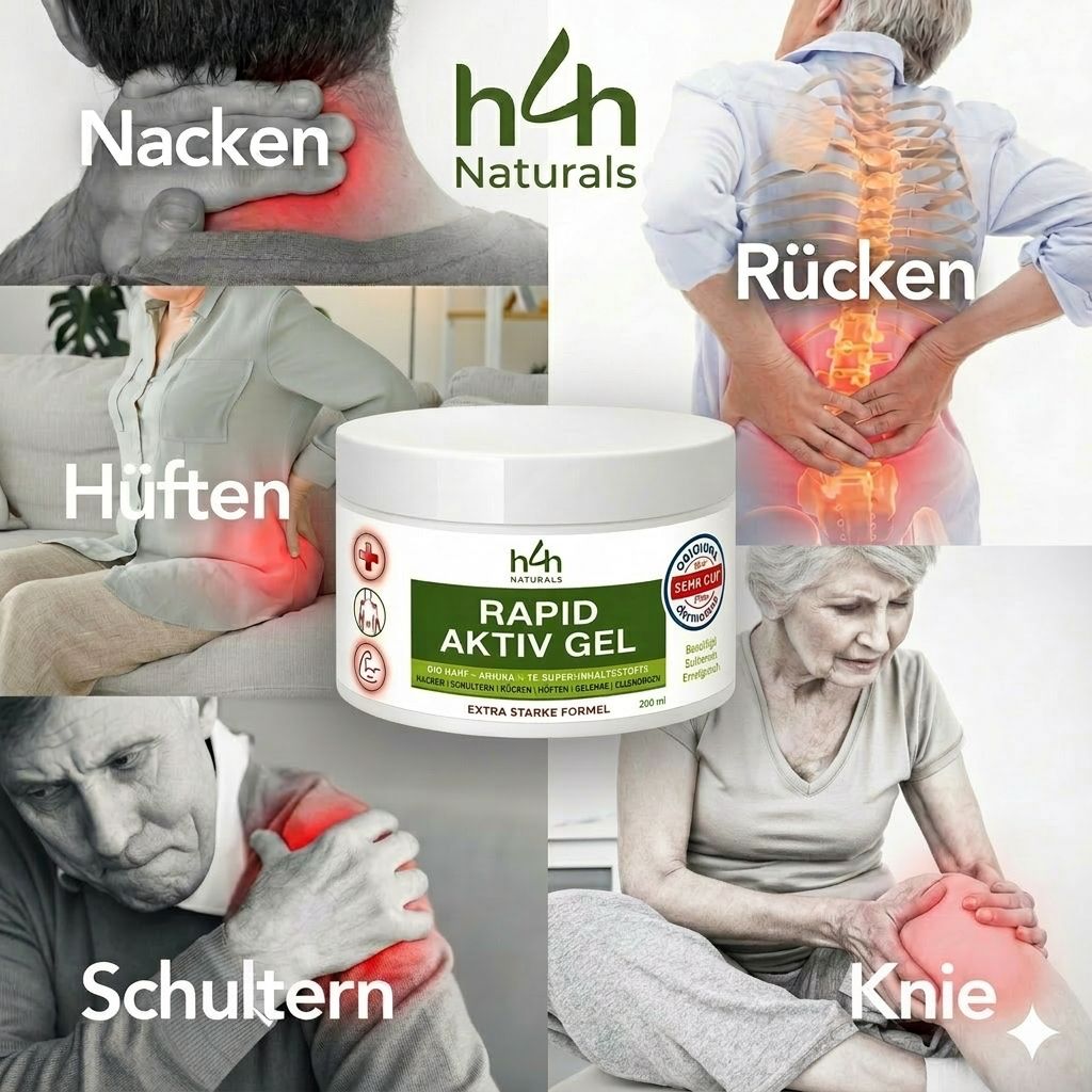 Collage van pijnlijke gebieden (nek, rug, heup, schouder, knie) met een H4H Naturals gelpot in het midden.
