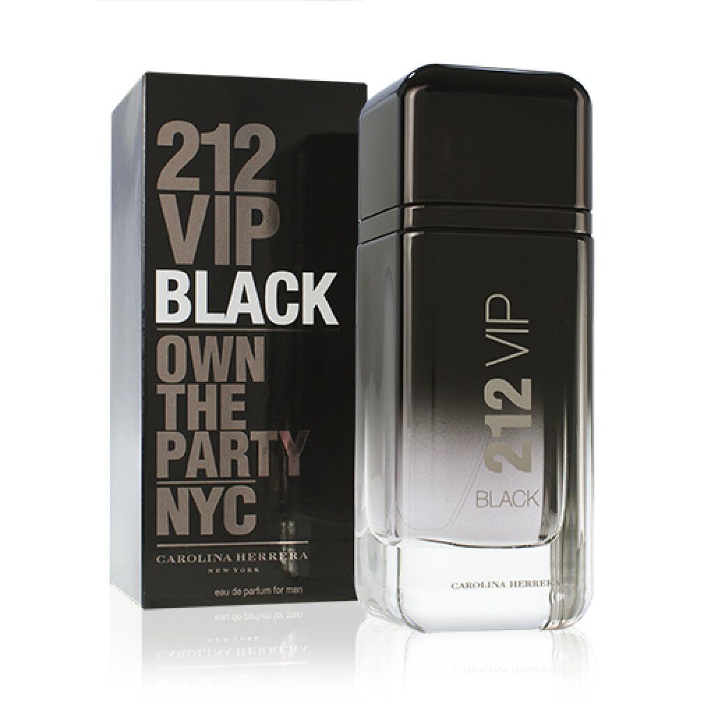Flacon et boîte noirs. Inscription : 212 VIP BLACK, Carolina Herrera. Flacon avec dégradé de couleurs.