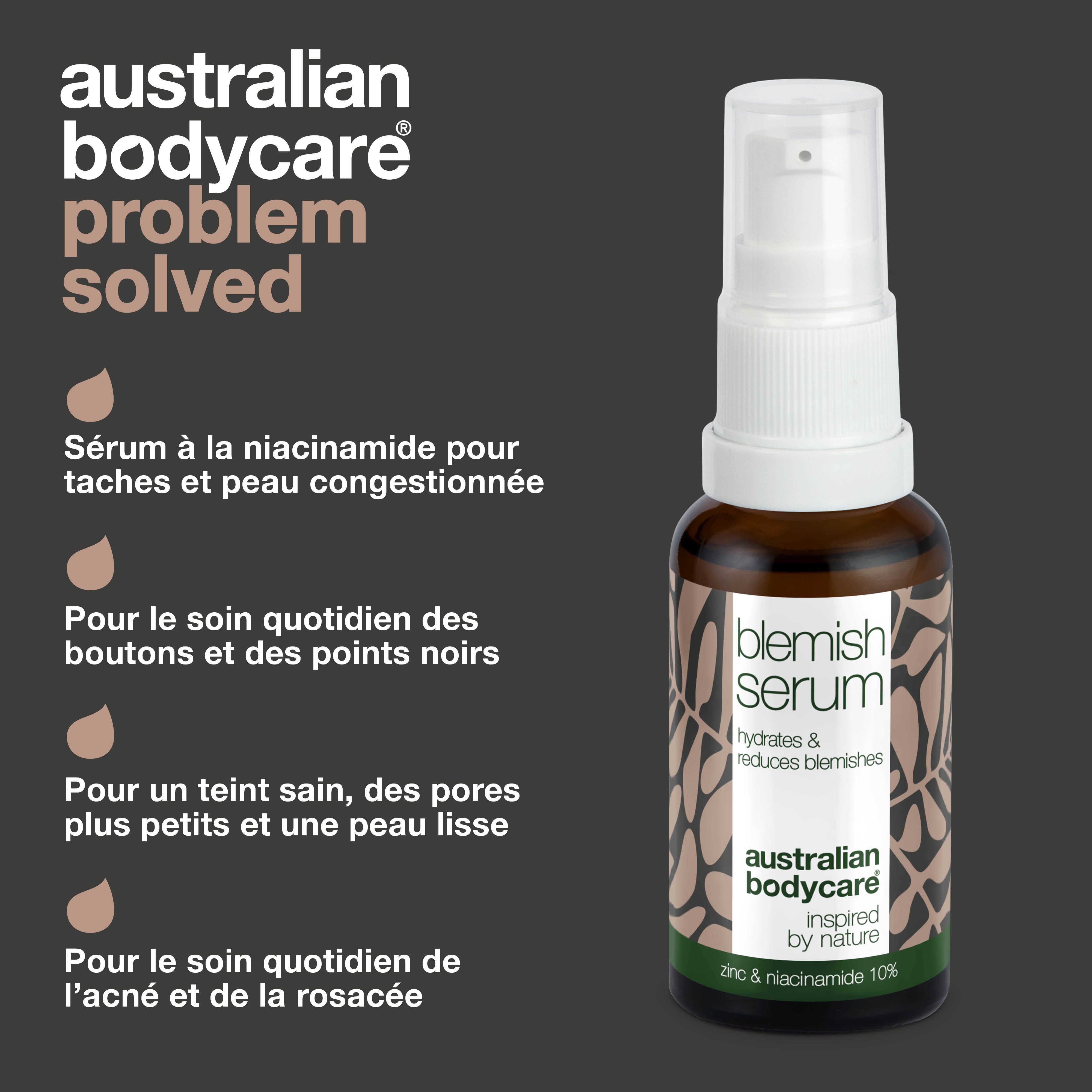 Informations sur le produit et flacon de sérum. Inscription : Blemish Serum, Australian Bodycare.