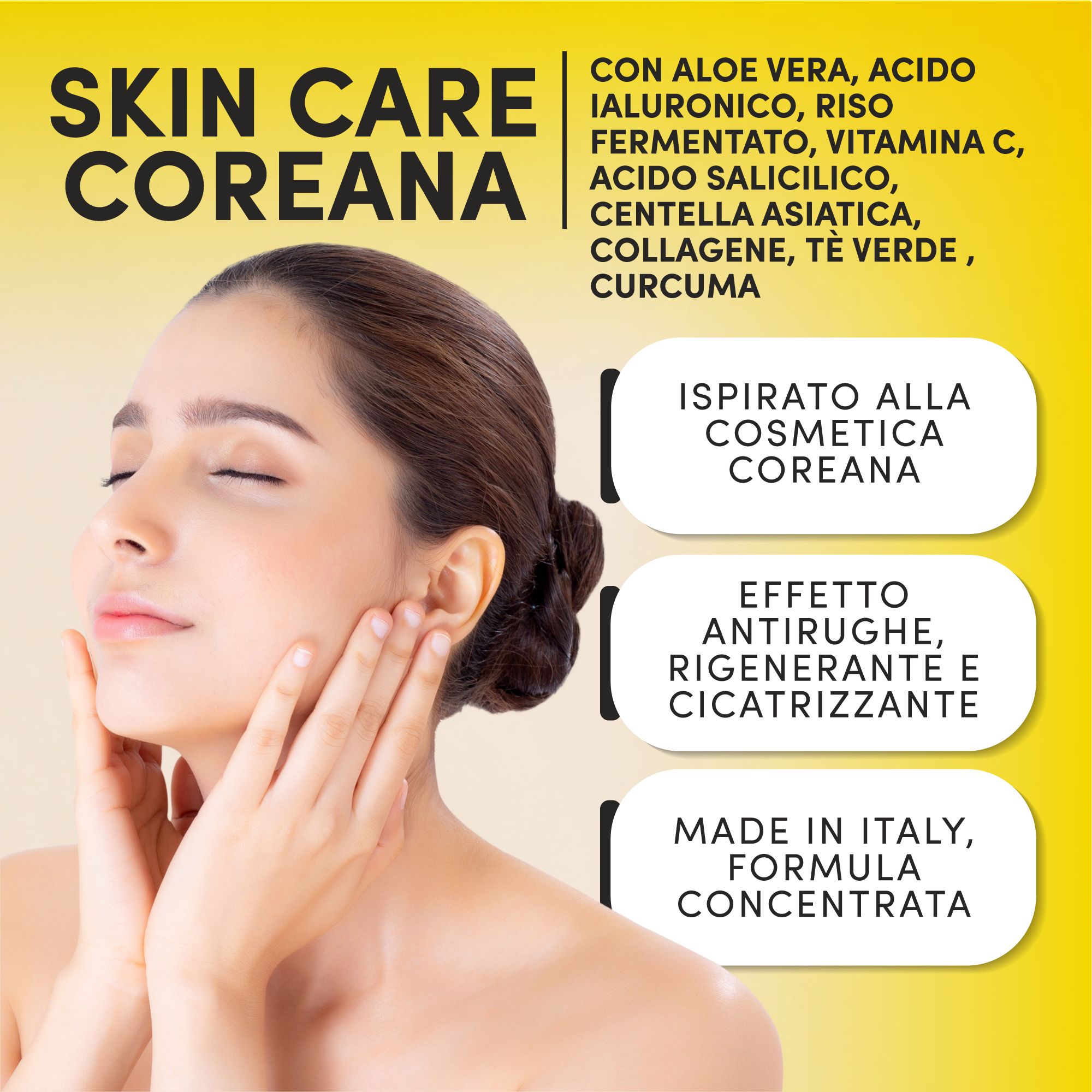 Gezicht van een vrouw. Tekst: Skin Care Coreana. Ingrediënten: Aloë Vera, hyaluronzuur, rijstferment, vitamine C, salicylzuur, Centella Asiatica, collageen, groene thee, kurkuma.