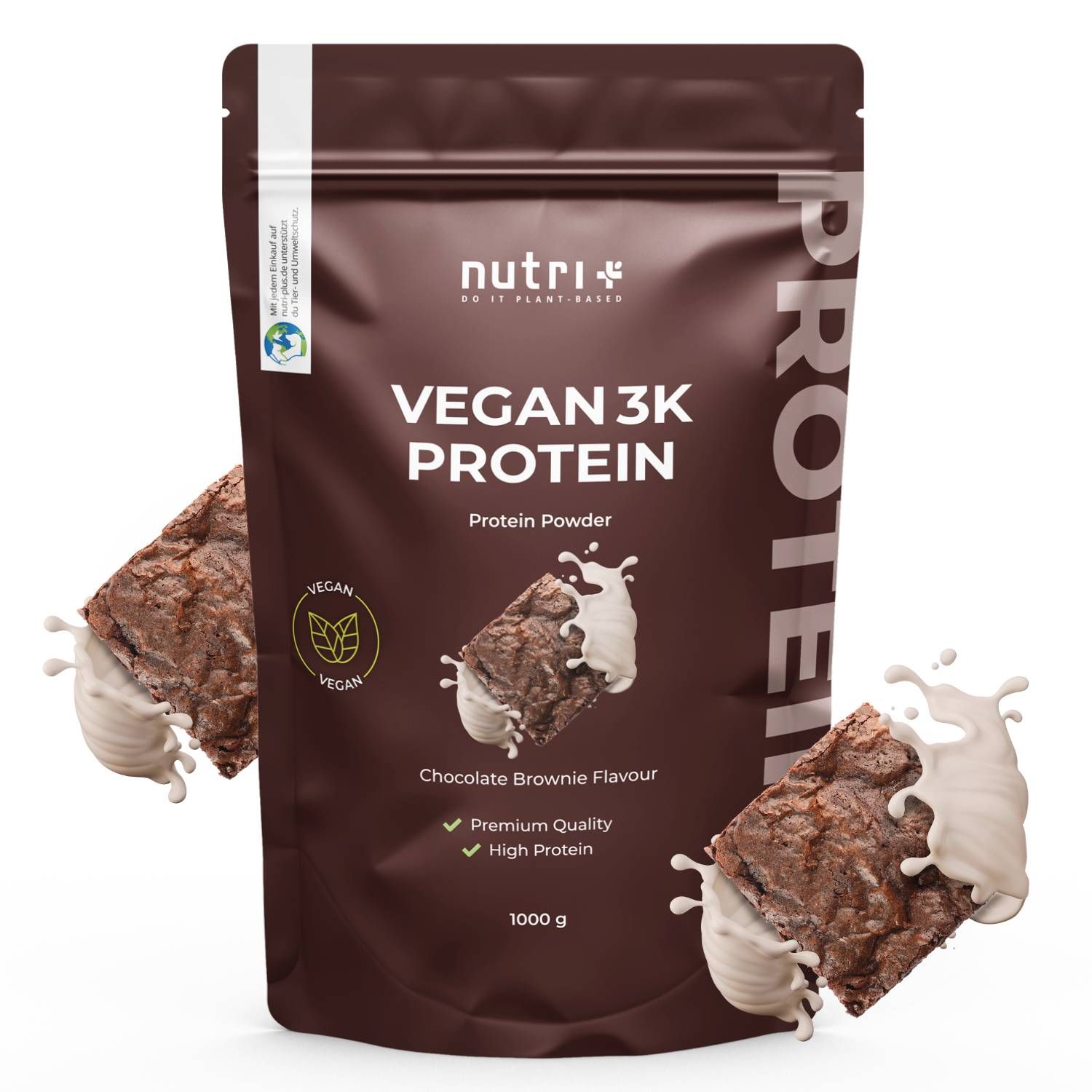 Sachet marron "Vegan 3K Protein". Goût brownie au chocolat. Label vegan. 1000g.