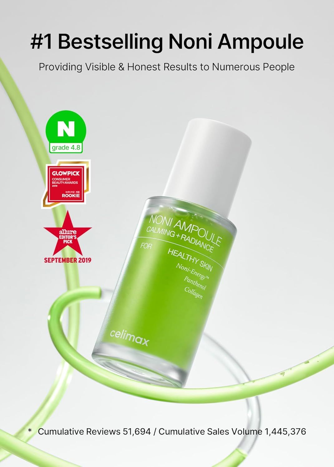 Groene glazen fles met witte dop. Tekst: Noni Ampoule, Calming + Radiance, Healthy Skin. Logo: Celimax. Onderscheidingen.