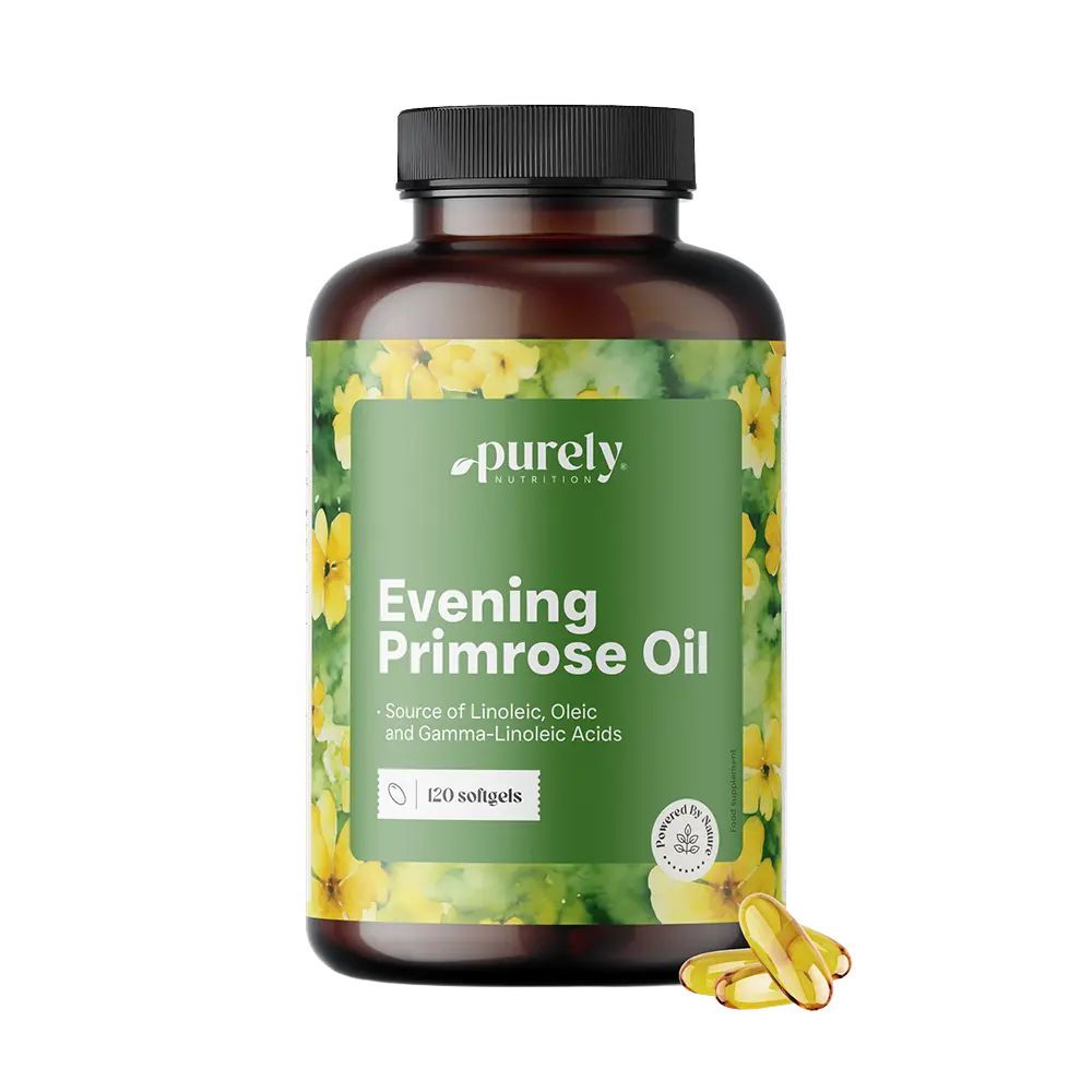 Bruine fles met capsules. Opschrift: Evening Primrose Oil. 120 softgels. Gele capsules ernaast.