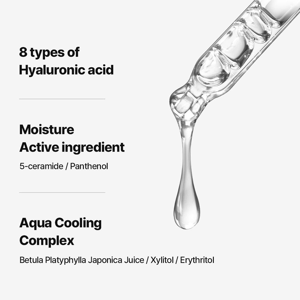 Gouttes de liquide, texte: 8 types d'acide hyaluronique, Humidité, 5-céramide/Panthénol, Aqua Cooling Complex.