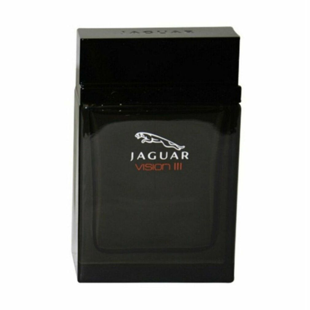 Flacon noir avec bouchon noir. Logo et texte Jaguar Vision III en rouge et blanc.