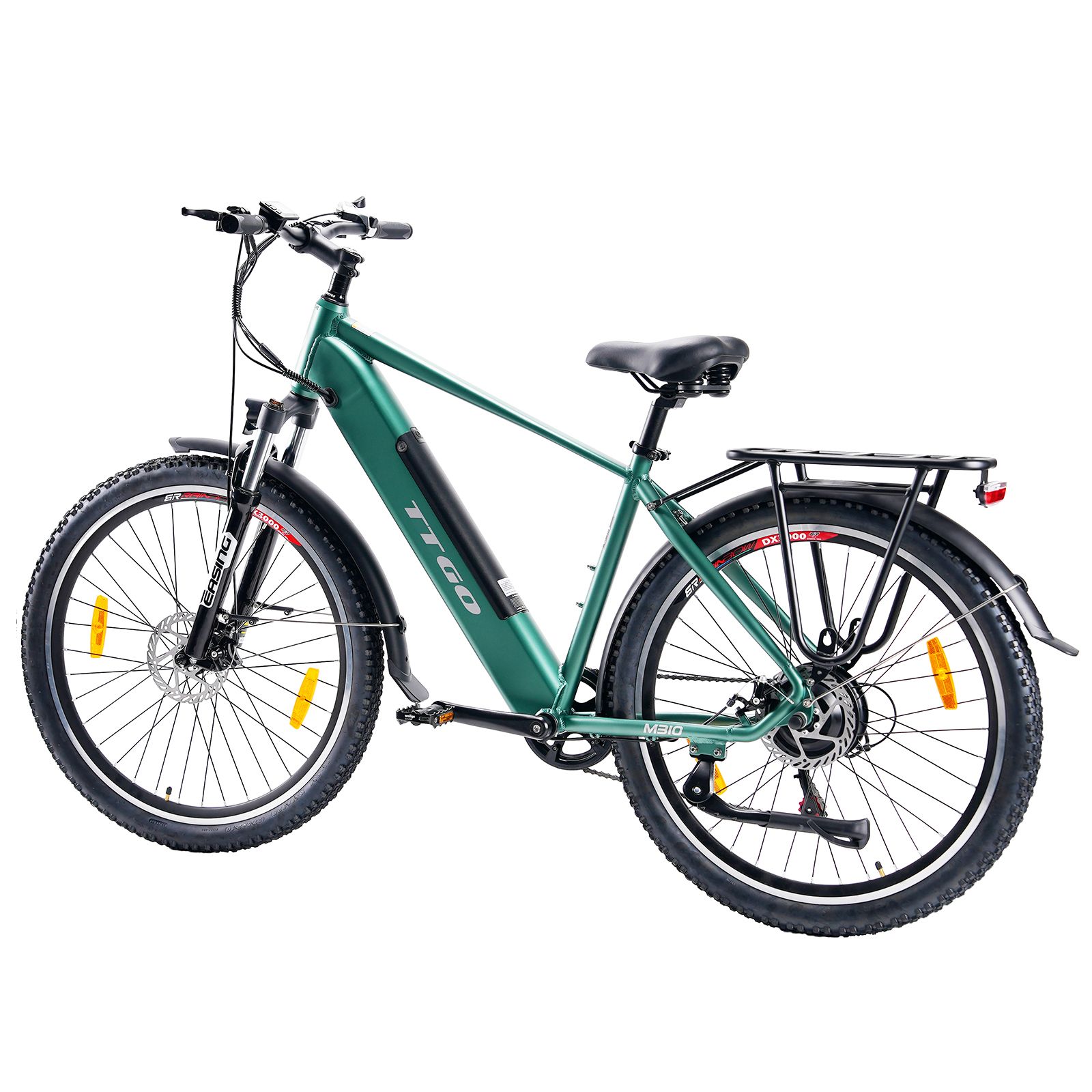 Groene TTGO e-bike met zwart zadel, banden en bagagedrager. Gele reflectoren.