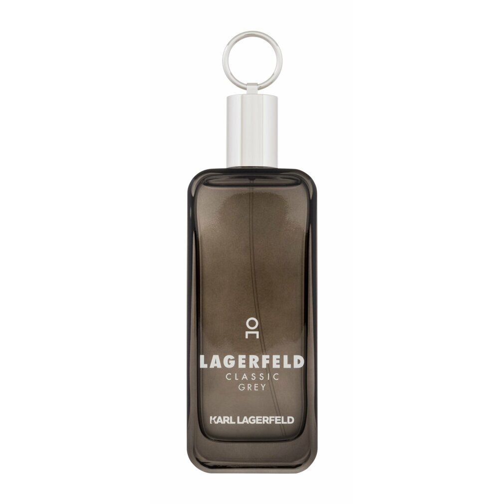 Flacon gris rectangulaire avec bouchon argenté et anneau. Inscription: Lagerfeld Classic Grey. Logo en bas.