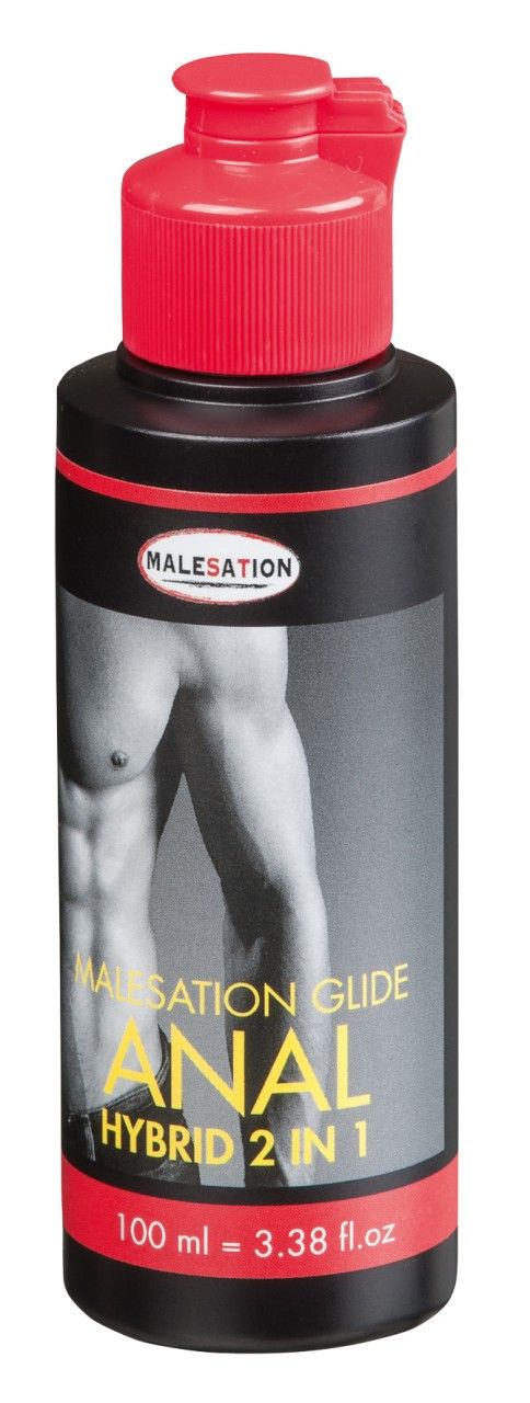Flacon noir avec bouchon rouge à rabat. Lubrifiant hybride anal avec image d'un torse masculin.