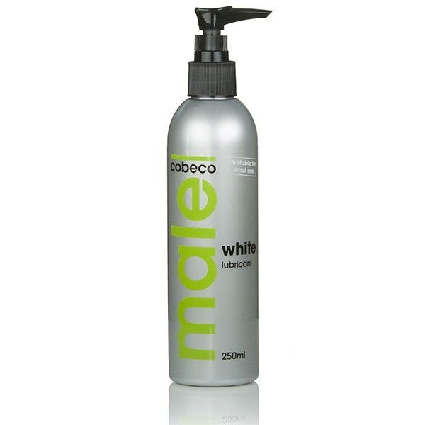 Lubrifiant Cobeco Male White dans une bouteille argentée avec pompe, 250ml.