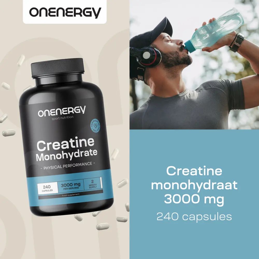 Man drinkt uit een fles. Fles met Creatine Monohydrate. Tekst: Creatine monohydraat 3000 mg, 240 capsules.